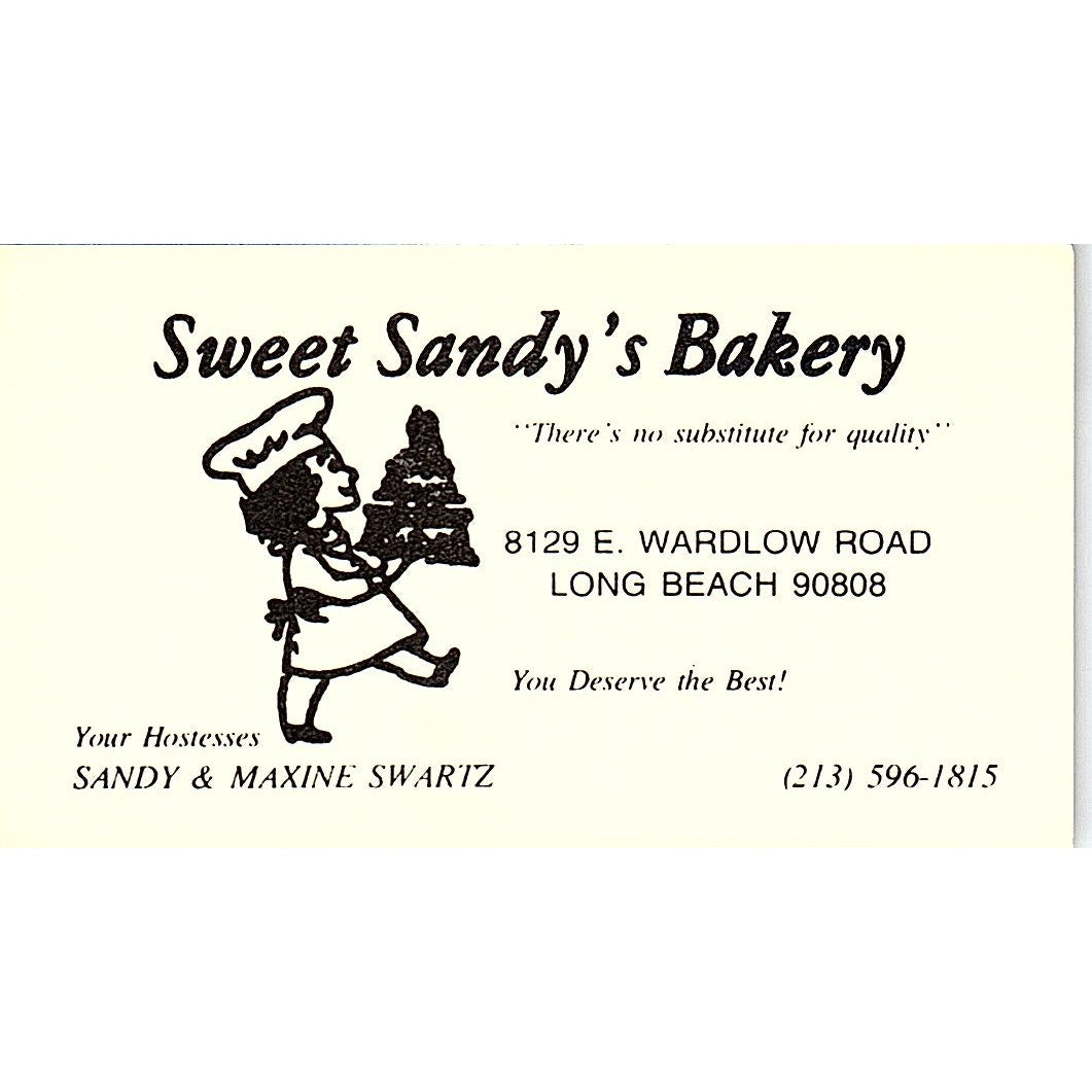 Sweet Sandy's Bakery Sandy & Maxine Swartz Long Beach Vtg Business Card SD9-B11