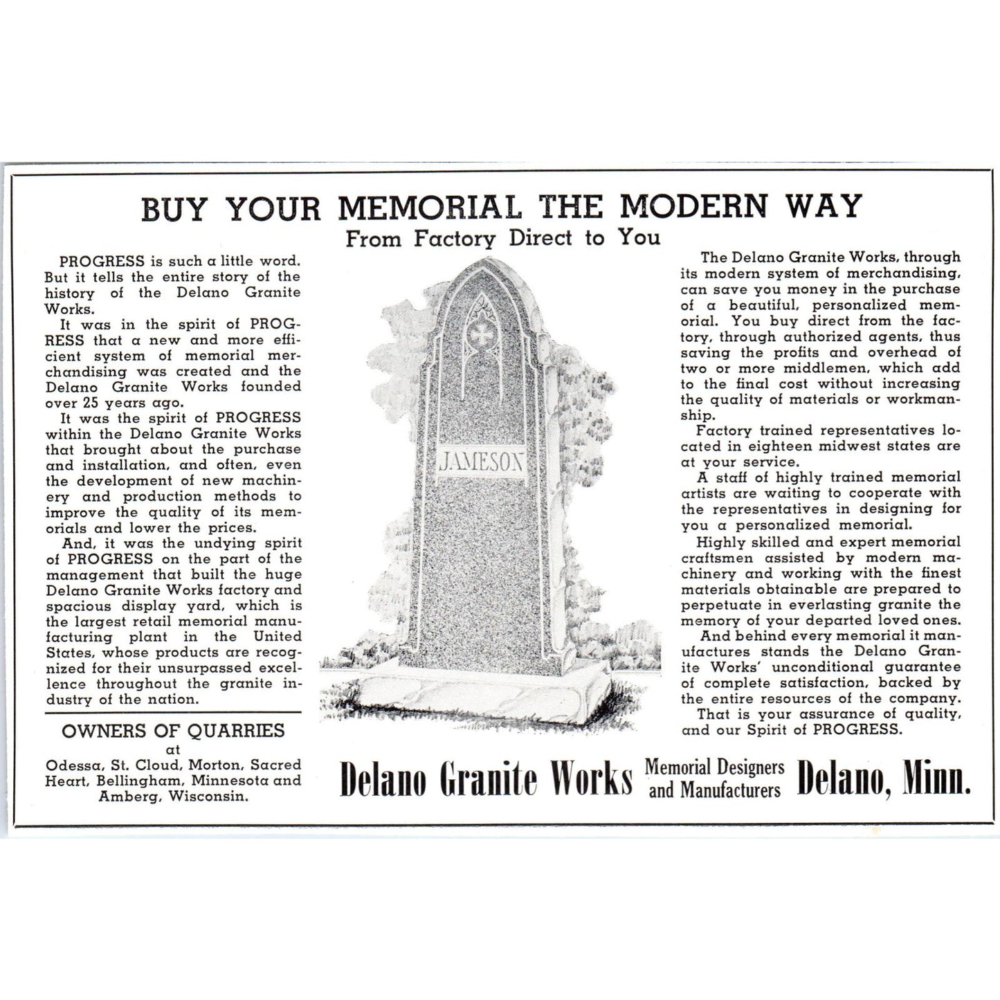 Delano Granite Works Headstones Delano MN 1940 Magazine Ad AF1-OM