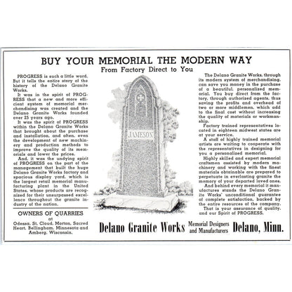 Delano Granite Works Headstones Delano MN 1940 Magazine Ad AF1-OM