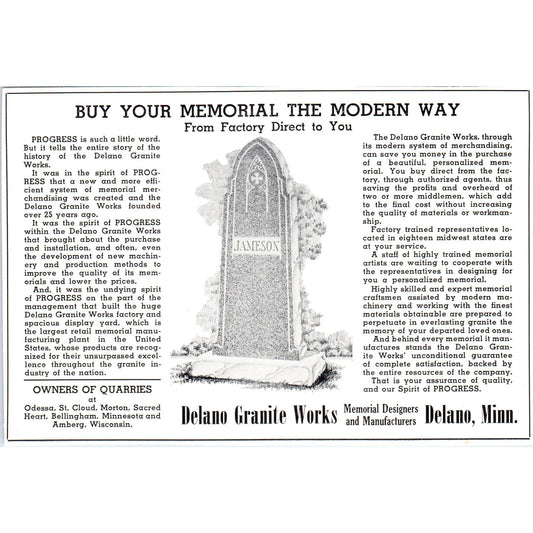 Delano Granite Works Headstones Delano MN 1940 Magazine Ad AF1-OM