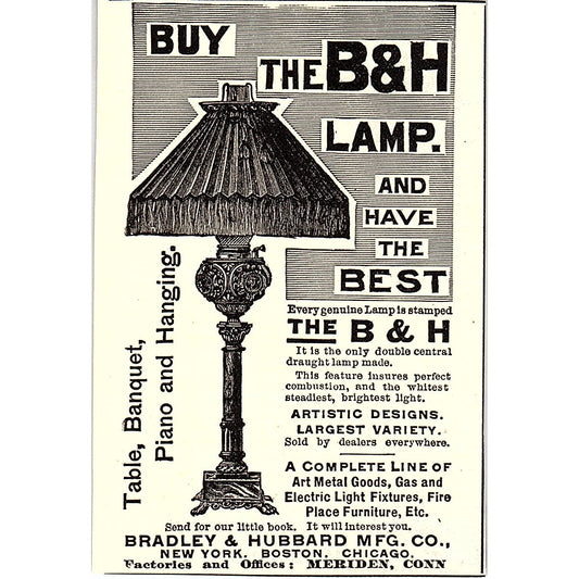 B&H Lamps Bradley & Hubbard Mfg Co Meriden CT 1892 Ad AG2-M11