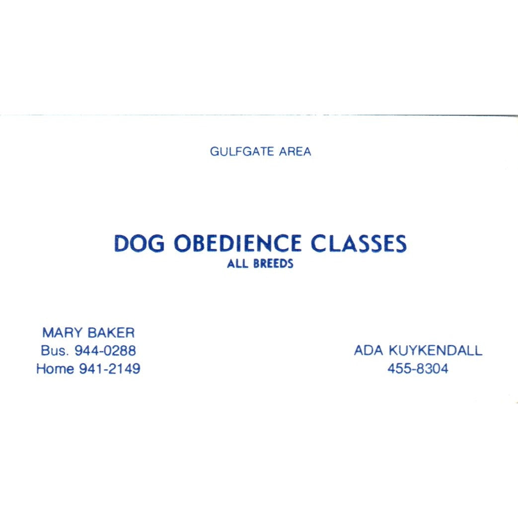 Dog Obedience Classes Mary Baker Ada Kuykendall Gulfgate Business Card SD8-B15