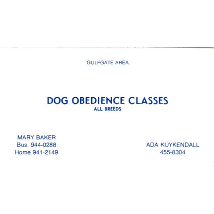Dog Obedience Classes Mary Baker Ada Kuykendall Gulfgate Business Card SD8-B15