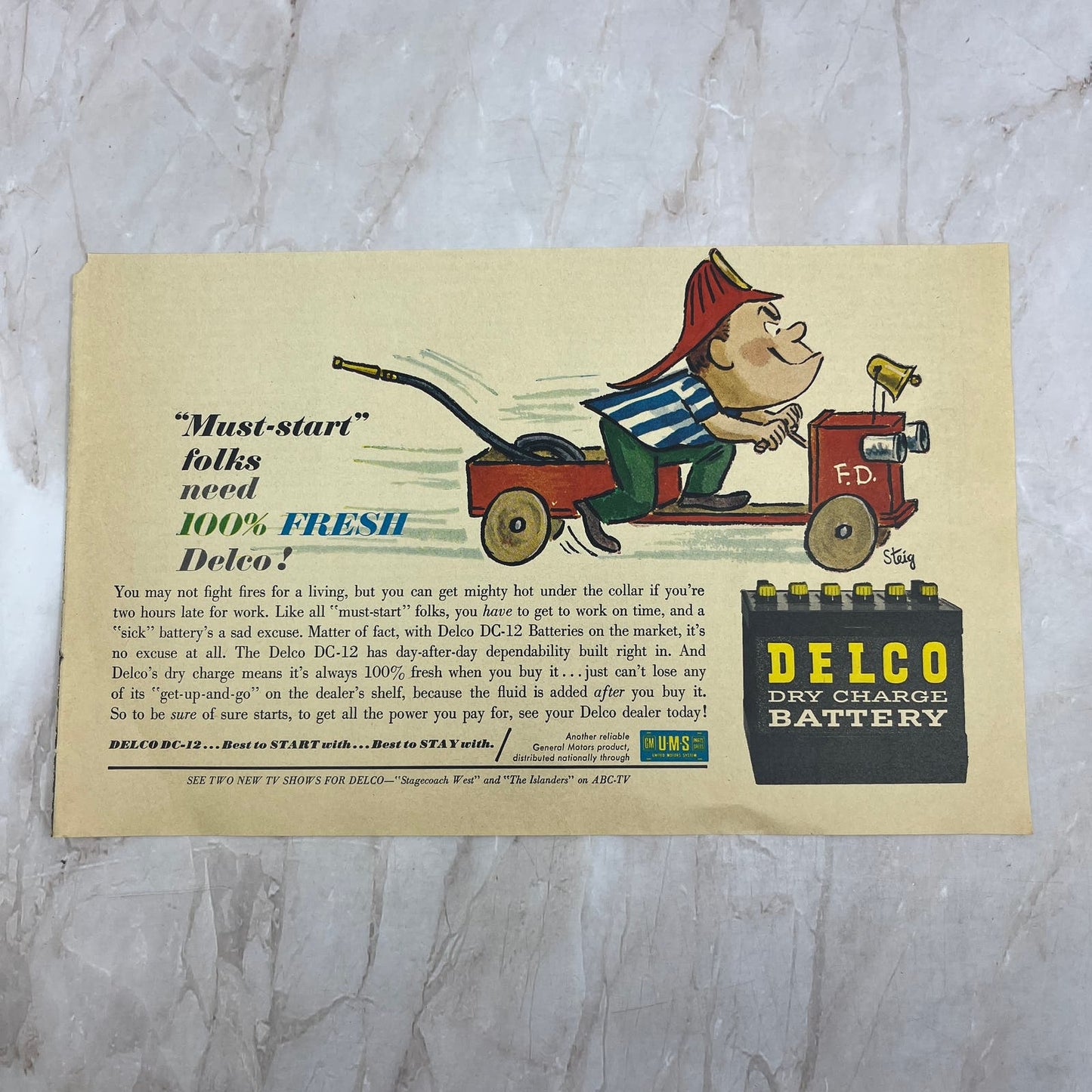 Delco Dry Charge Battery Fireman Comic 6x10 Vintage Magazine Advertisement FL6-6
