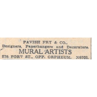 Pavish & Fry Co Mural Artists 276 Fort St Winnipeg 1920 Ad AG2-S4