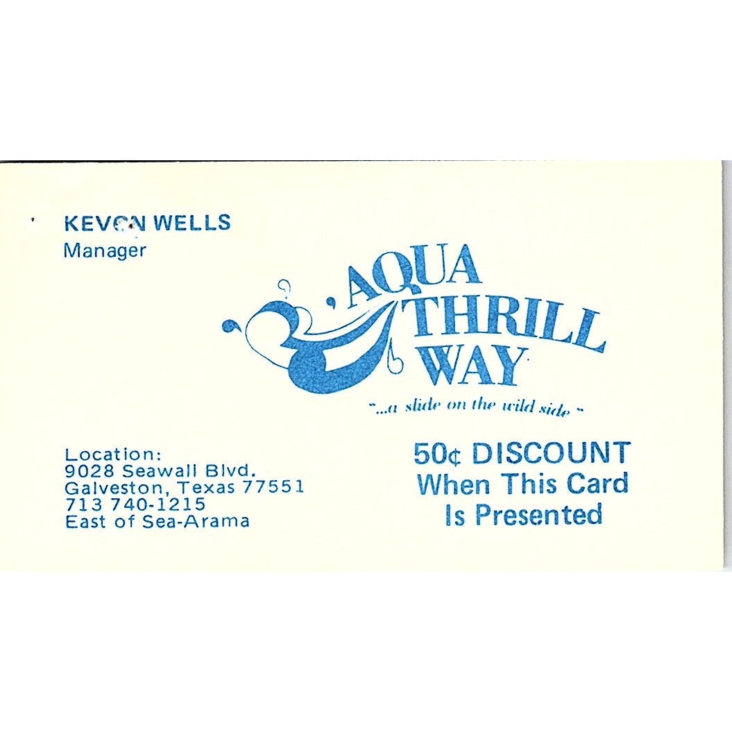 Kevon Wells Aqua Thrill Way Galveston TX Vintage Business Card SE5-B1