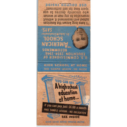 High School at Home John W. Studebaker American School Matchbook Cover SD2-Y15