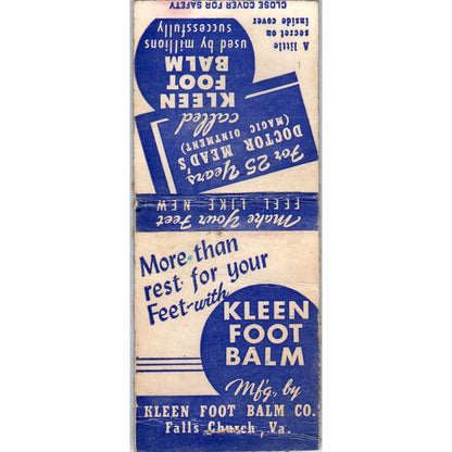 Kleen Foot Balm Falls Church VA Vintage Matchbook Cover SD2-Y6