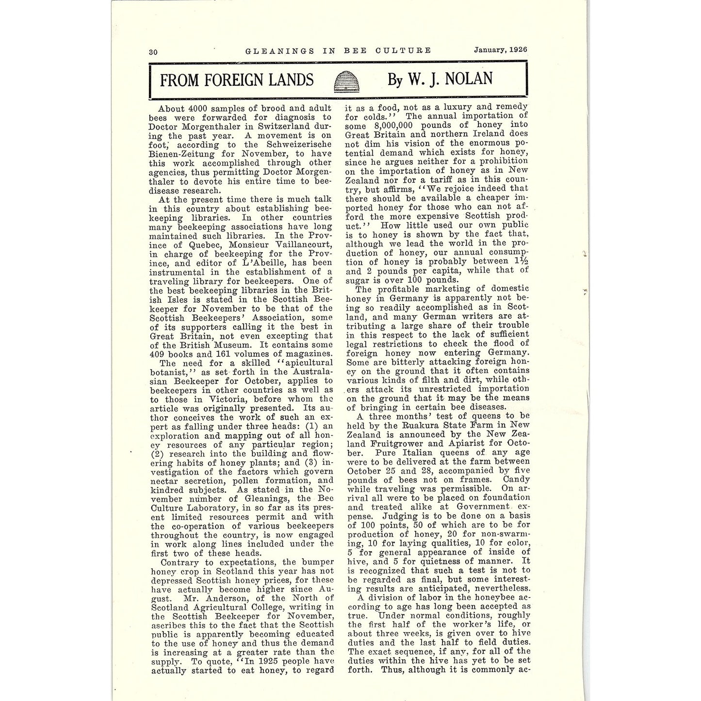 From Foreign Lands by W.J. Nolan 5 Page Beekeeping Article 1926 AG3-9