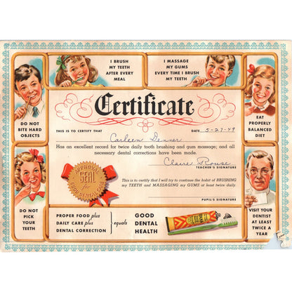 1949 Good Dental Health Certificate Ipana Toothpaste D10