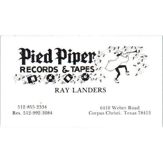 Pied Piper Records & Tapes Ray Landers Corpus Christi Vtg Business Card SD8-B20