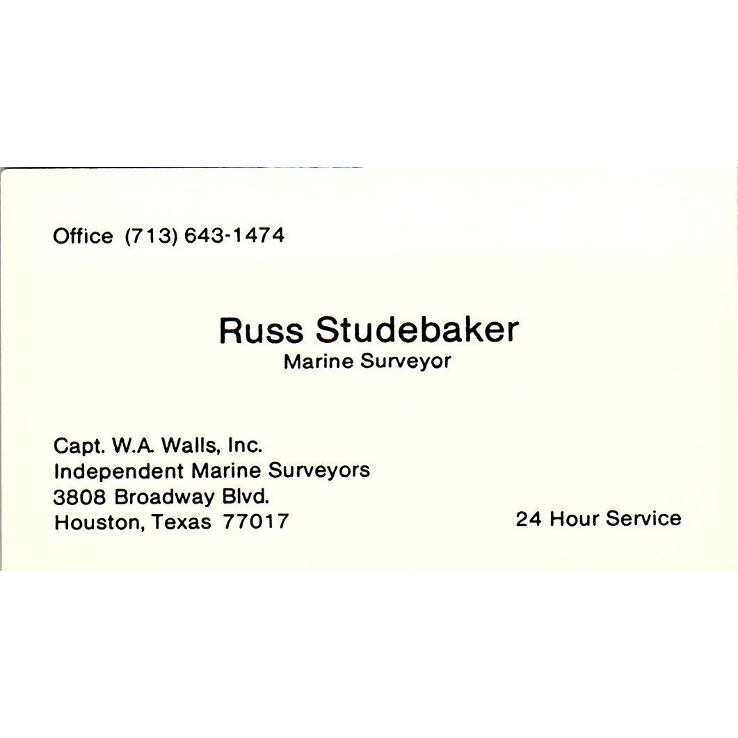 Russ Studebaker Capt W.A. Walls Inc Houston Vintage Business Card SC9-B4