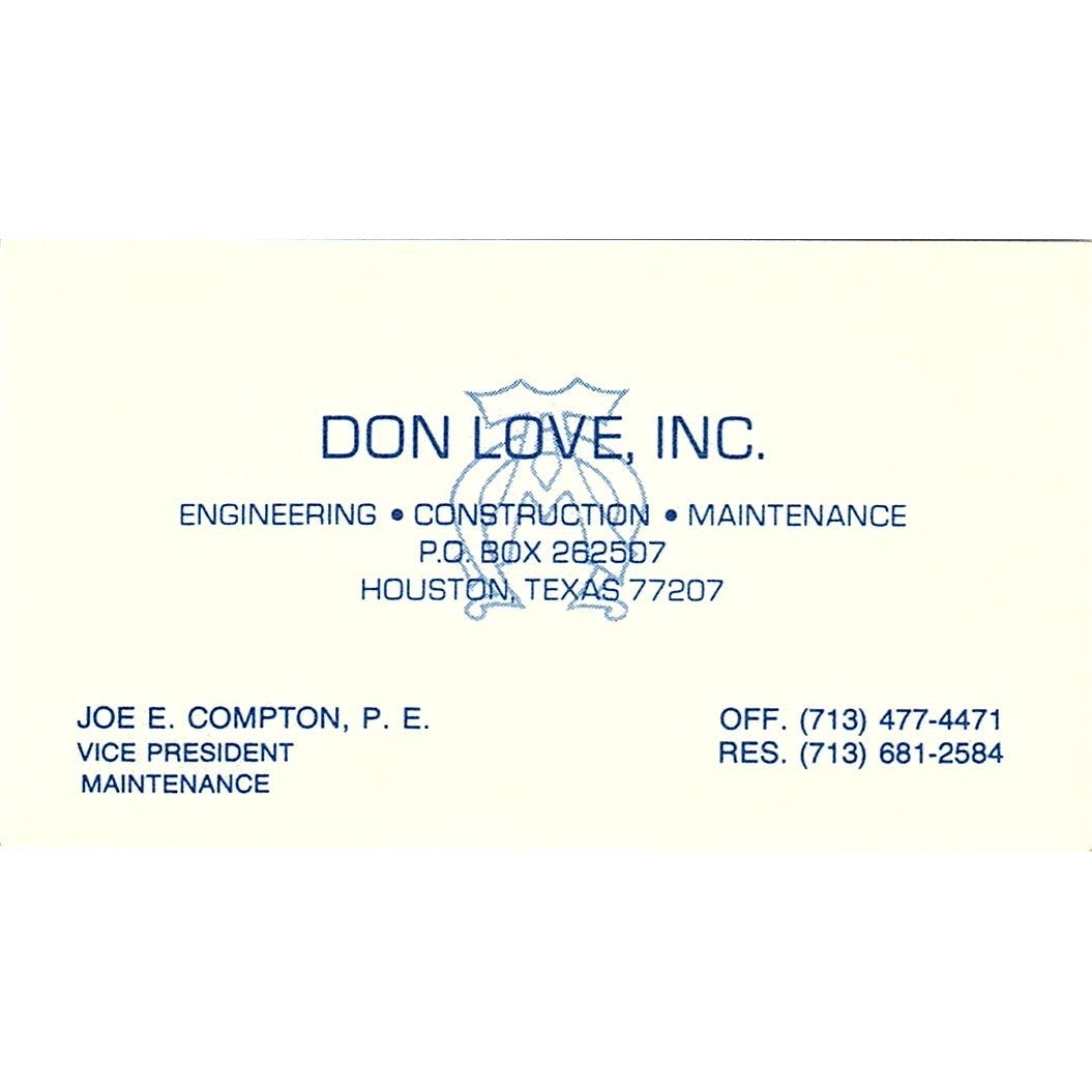 Don Love Joe E. Compton Engineering Construction Houston TX Business Card SF3-B5