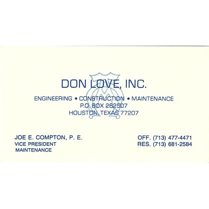Don Love Joe E. Compton Engineering Construction Houston TX Business Card SF3-B5