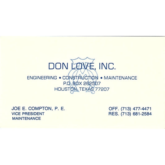 Don Love Joe E. Compton Engineering Construction Houston TX Business Card SF3-B5