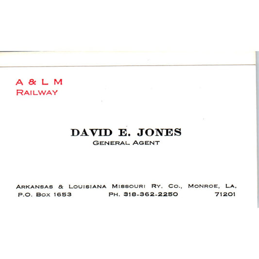 David E. Jones General Agent A&LM Railway Monroe LA Vintage Business Card SD4-B4