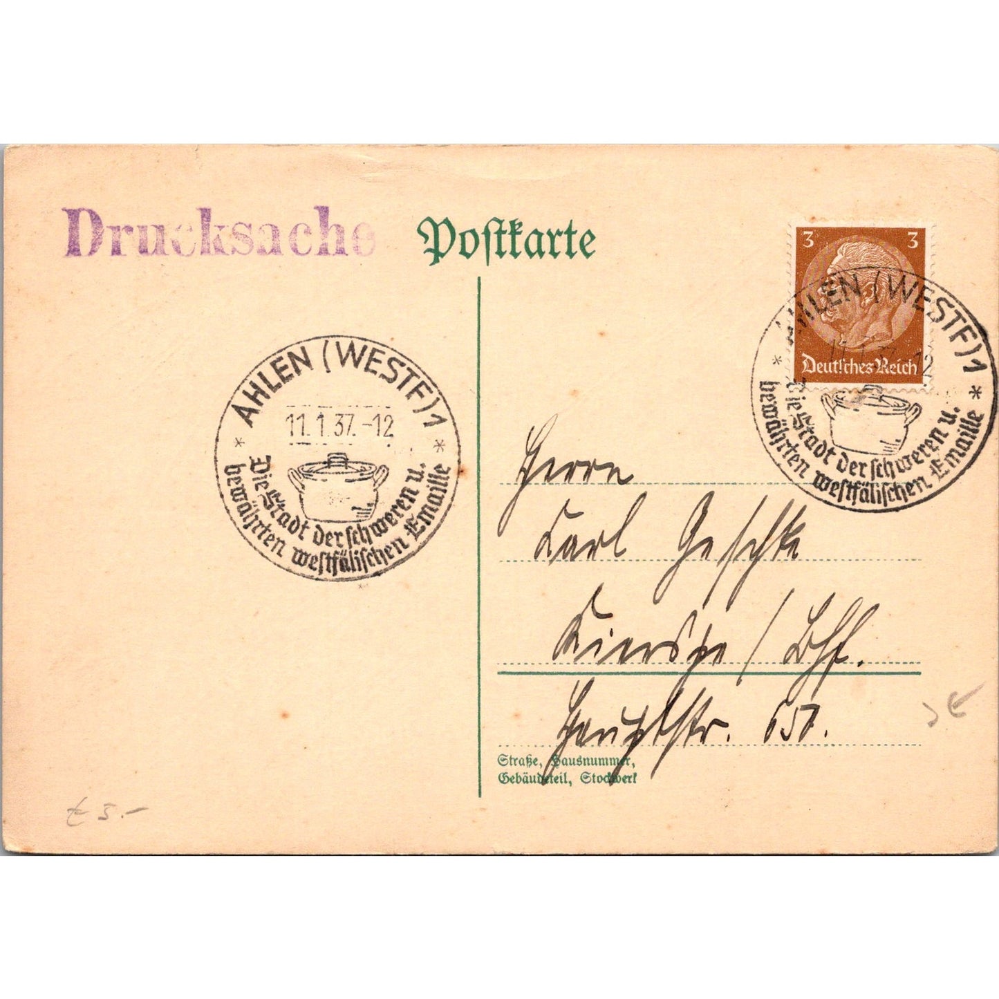 Ahlen Westfalia 1937 German Reich Postcard P5-12
