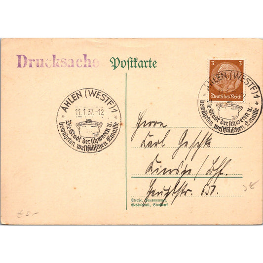 Ahlen Westfalia 1937 German Reich Postcard P5-12