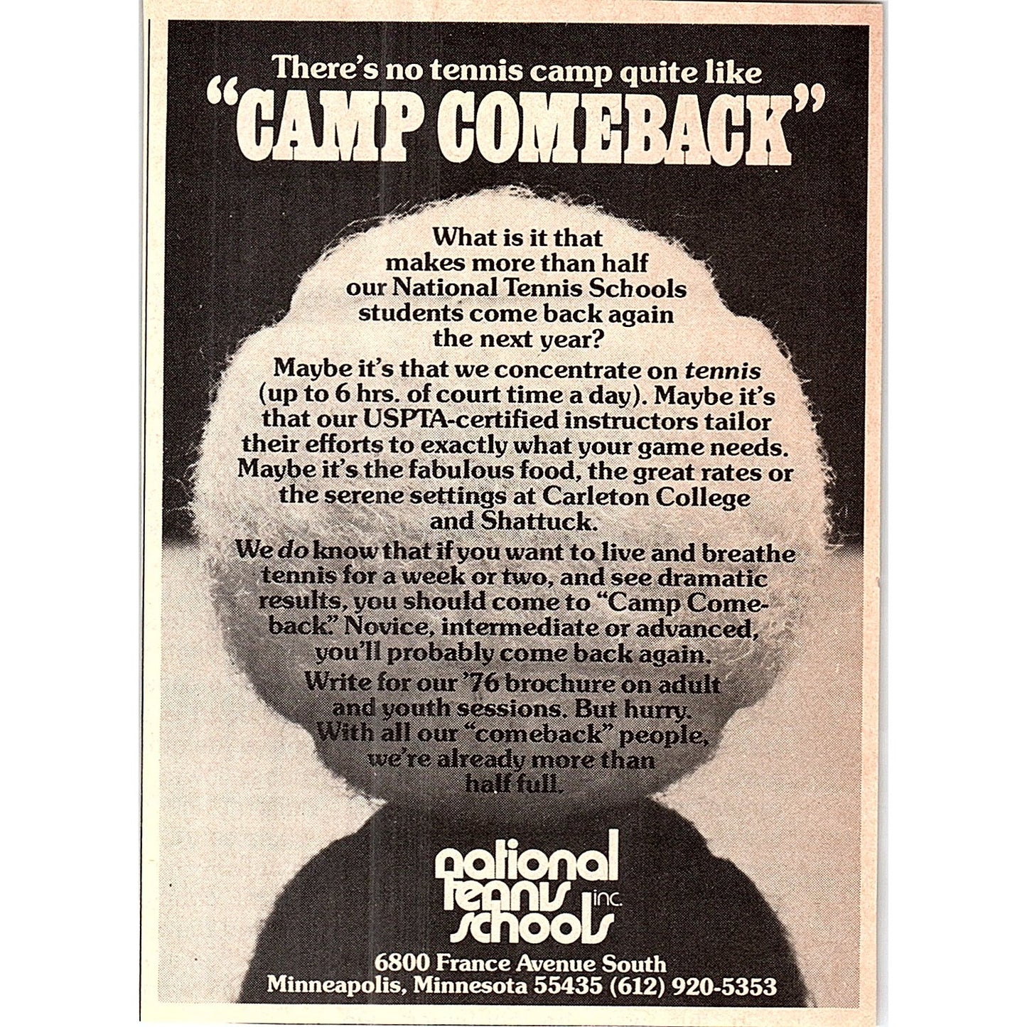 Camp Comeback National Tennis Schools Inc Minneapolis MN 1977 Ad AF3-M1
