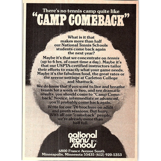 Camp Comeback National Tennis Schools Inc Minneapolis MN 1977 Ad AF3-M1