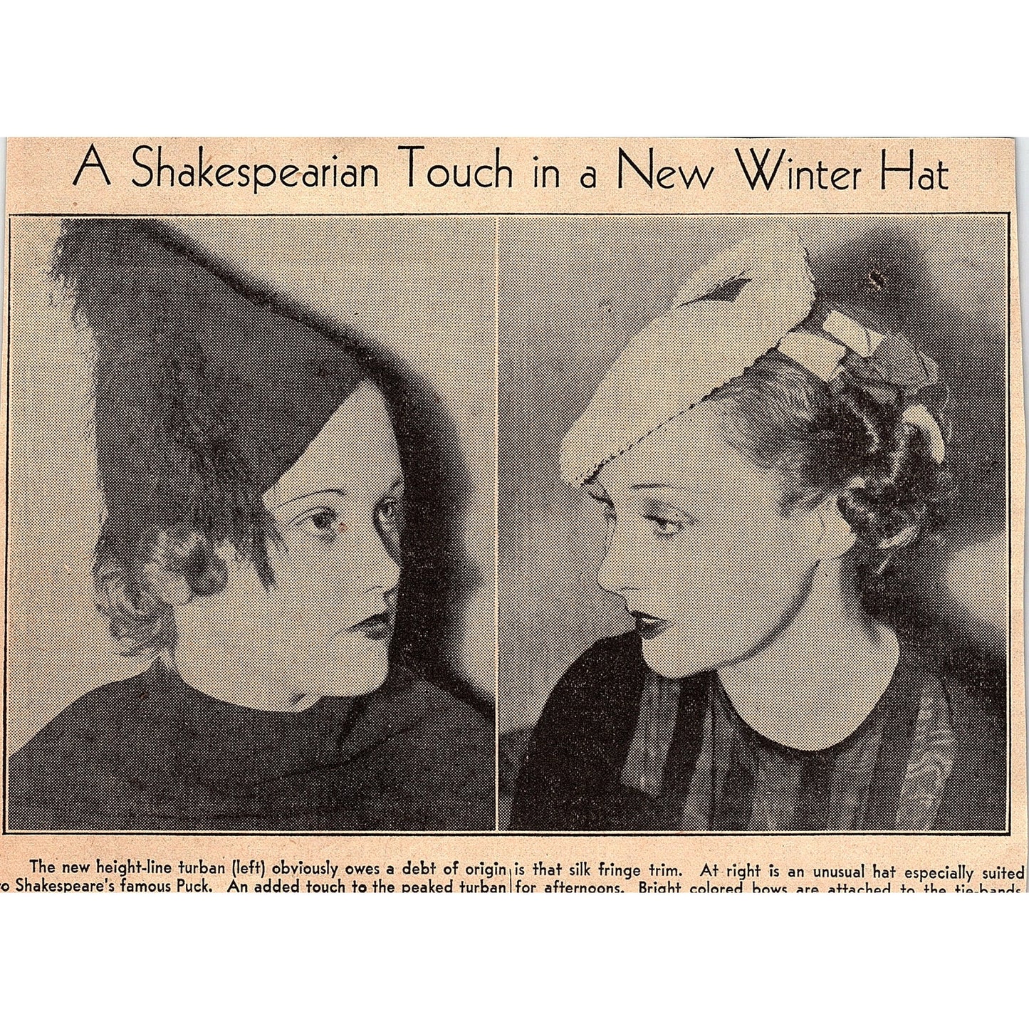 New Height Line Turban Ladies Winter Hats 1935 Newspaper Ad V1-9