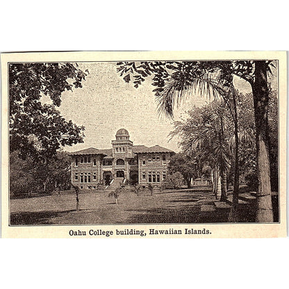 Oahu College Building Hawaiian Islands 3x4" 1901 Engraving AF6-M11