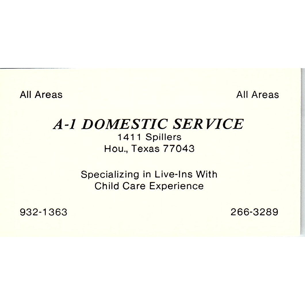 A-1 Domestic Service Live-ins with Child Care Houston Texas Business Card SB4-B2