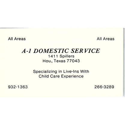 A-1 Domestic Service Live-ins with Child Care Houston Texas Business Card SB4-B2