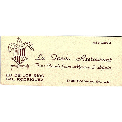 Ed De Los Rios Sal Rodriguez La Fonda Restaurant Long Beach Card SD9-B11