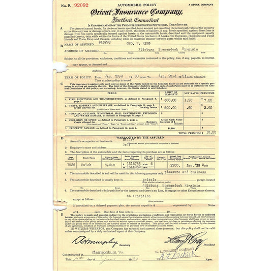 1930 Geo. W. Ring Buick Sedan Policy Edinburg Shenandoah Virginia TH2-OP5