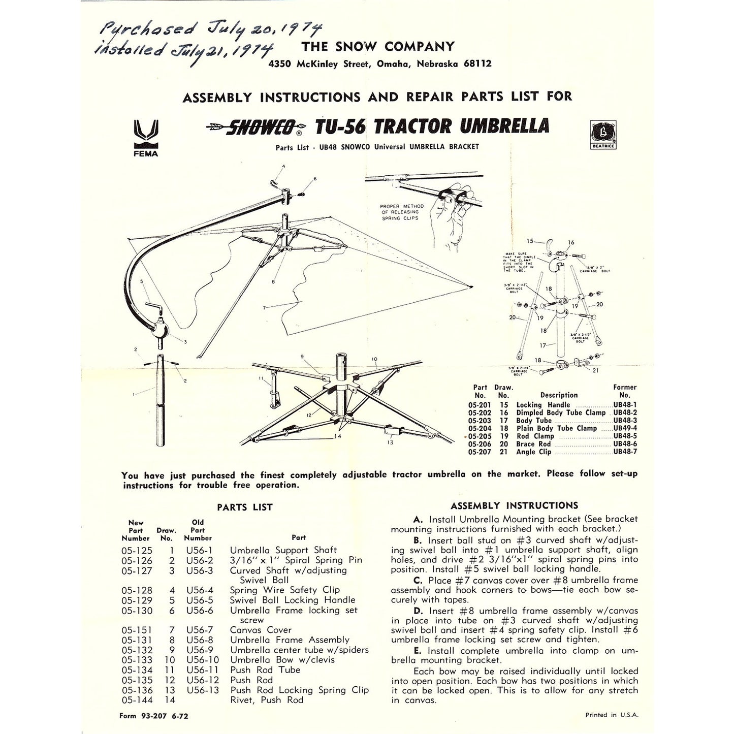 Snowco TU-56 Tractor Umbrella Instructions The Snow Company Omaha NE AG5-2