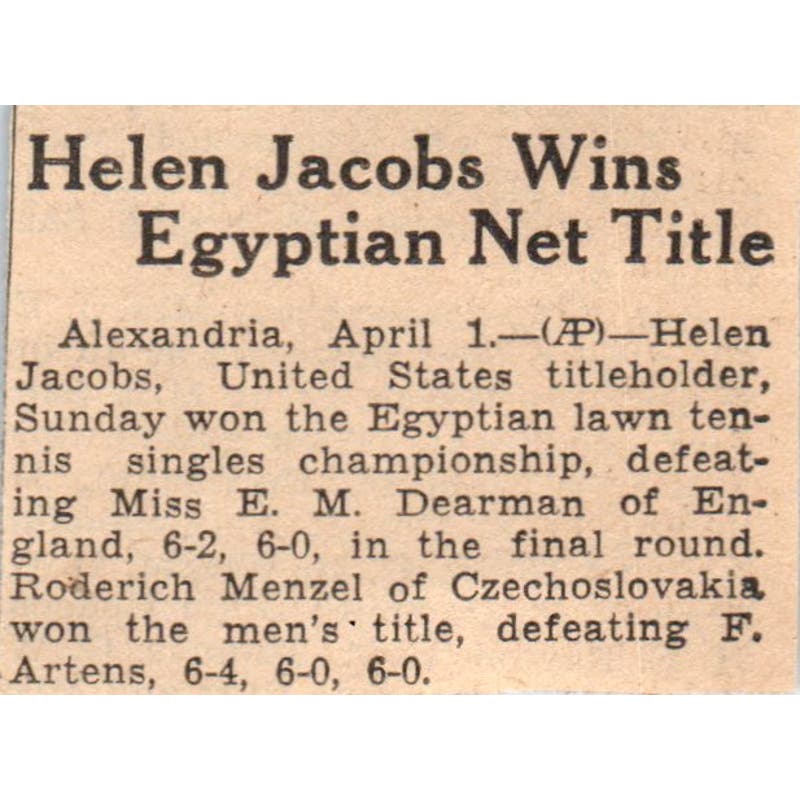 Helen Jacobs Wins Egyptian Tennis Title 1935 Minneapolis Journal Article AE7-N6