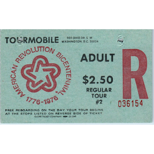1976 July - Bicentennial Tourmobile Adult Stub Washington DC Tour #2 TH9-SX2