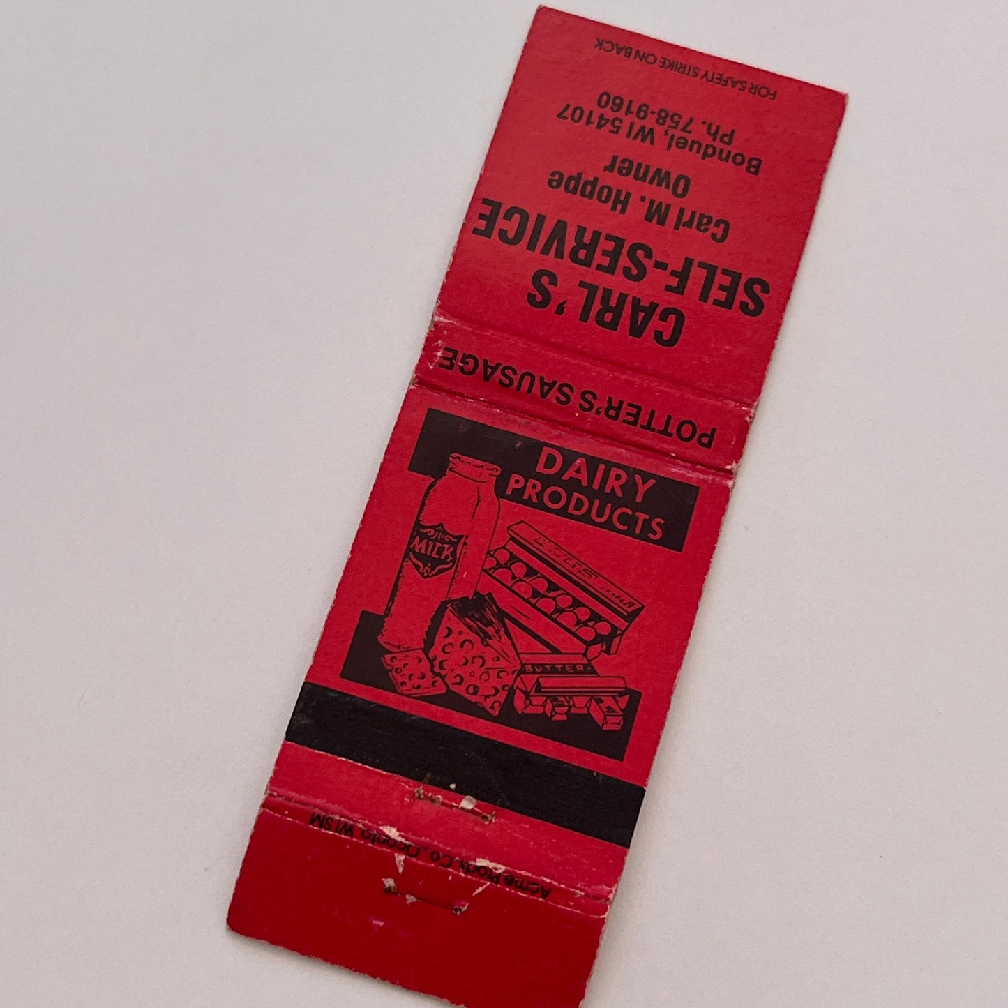 Carl's Self-Service Carl M Hoppe Bonduel WI Vintage Matchbook Cover MB59-2
