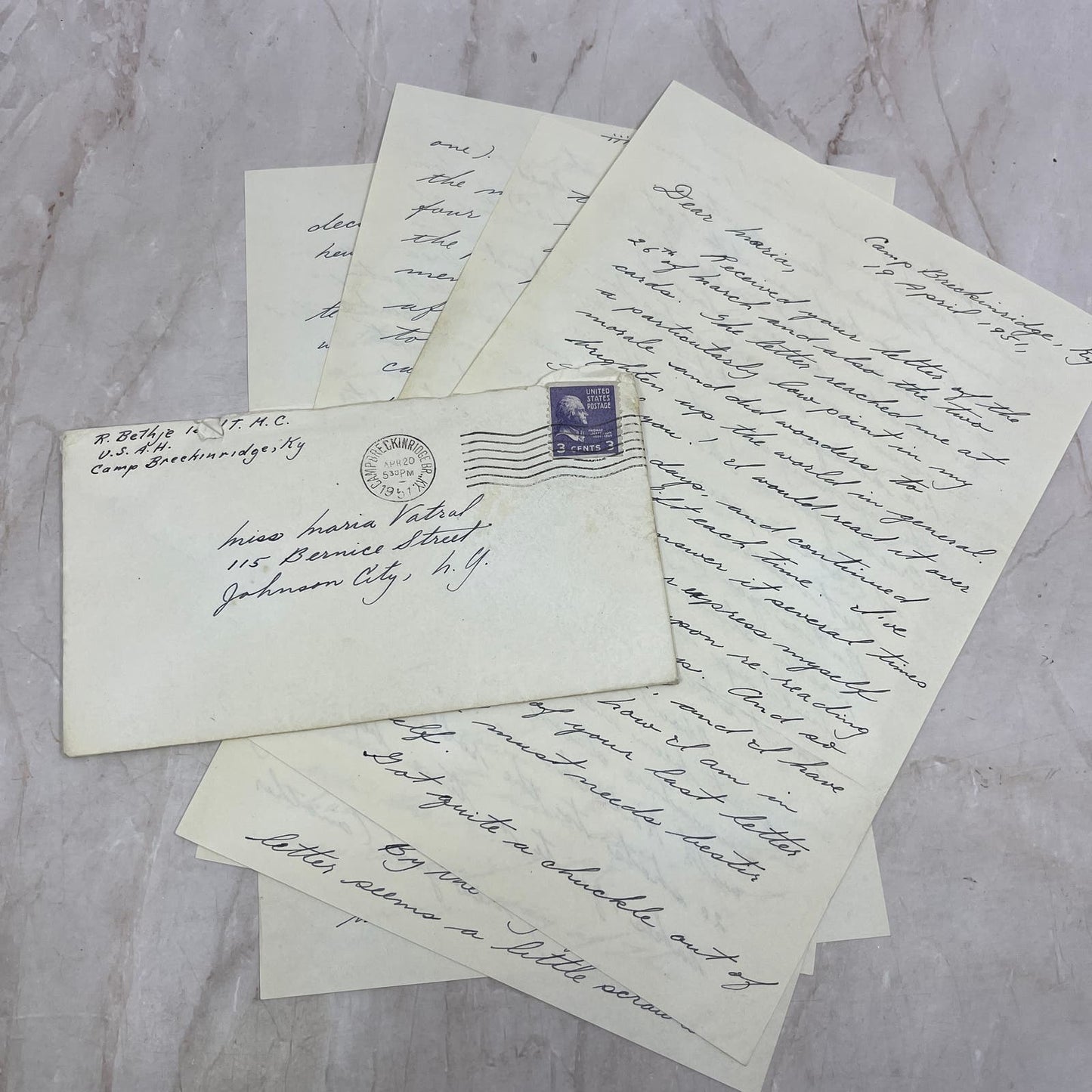 1952 Army Letter Lt. R. Bethje to Maria Vartal from Camp Breckinridge KY AE7