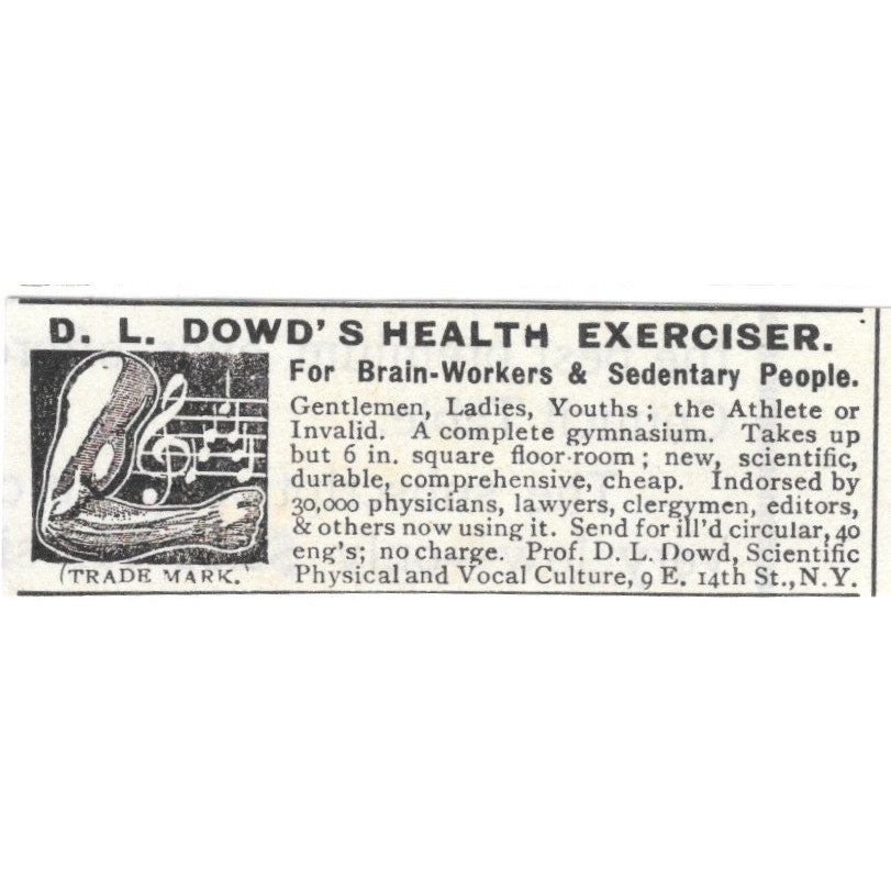 Dr. D.L. Dowd Health Exercises E. 14th St. NY 1892 Ad AG2-S25