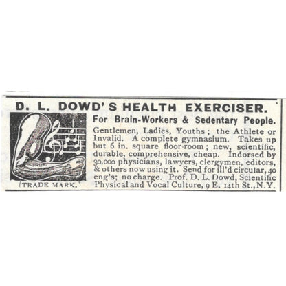 Dr. D.L. Dowd Health Exercises E. 14th St. NY 1892 Ad AG2-S25