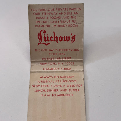 Lüchows Restaurant 110 East 14th St New York Vintage Matchbook Cover TB8-MB-12