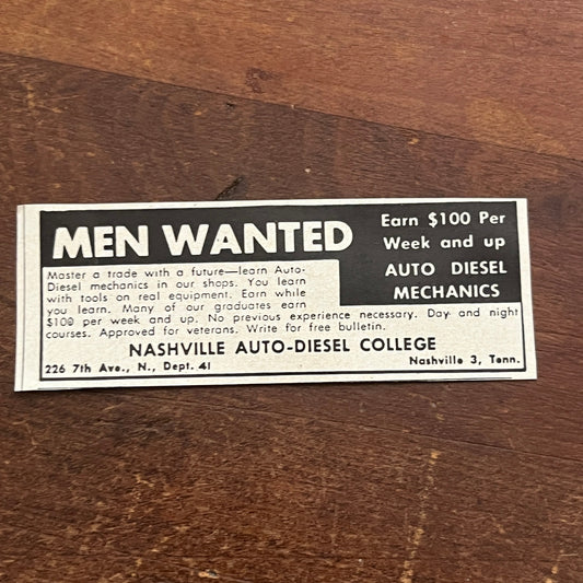 Nashville Auto-Diesel College Nashville TN Learn to Be a Mechanic 1955 Ad AF9-S2
