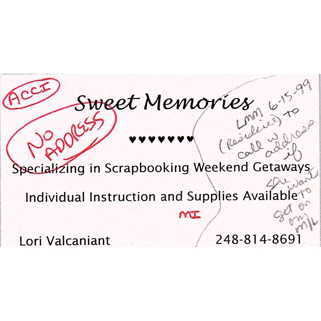 Sweet Memories Lori Valcaniant Michigan Vintage Business Card SC9-B9