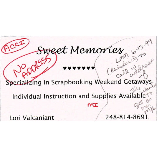 Sweet Memories Lori Valcaniant Michigan Vintage Business Card SC9-B9