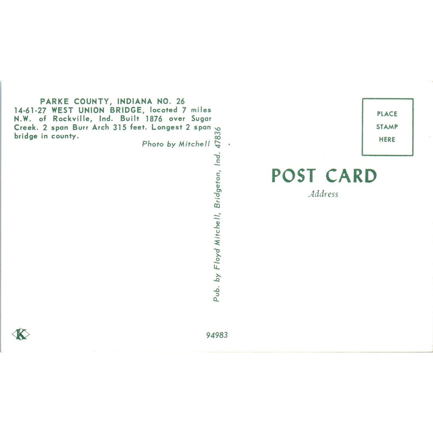 West Union Bridge Parke County Indiana #26 Covered Bridge Postcard PB10