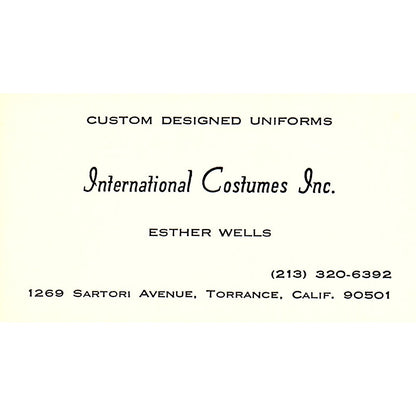 Esther Wells International Costumes Inc Torrance Vintage Business Card SC9-B13