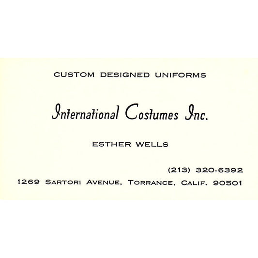 Esther Wells International Costumes Inc Torrance Vintage Business Card SC9-B13