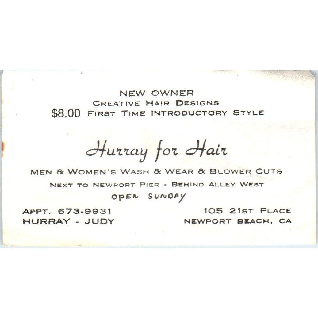 Hurray for Hair Salon Judy Newport Beach CA Vintage Business Card SD8-B11