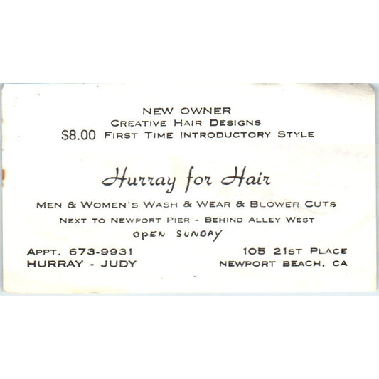 Hurray for Hair Salon Judy Newport Beach CA Vintage Business Card SD8-B11