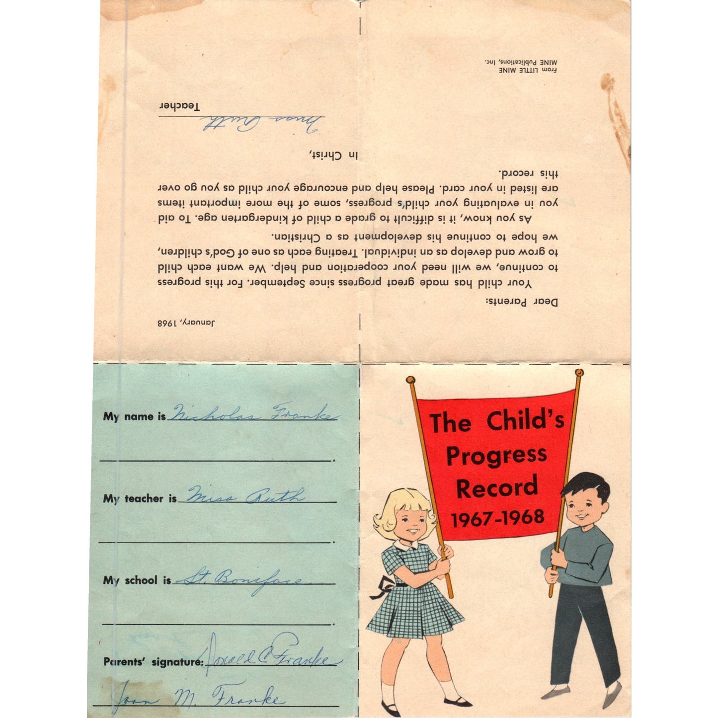 1968 Kindergarten Child's Progress Report St. Boniface Nicholas Franke AB9