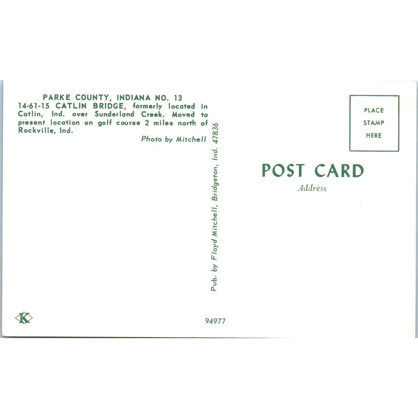 Catlin Bridge Parke County Indiana #18 Covered Bridge Postcard PB10