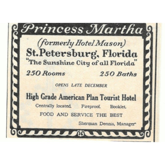 Princess Martha Hotel St. Petersburg FL Sherman Dennis 1924 Magazine Ad AD8-O4