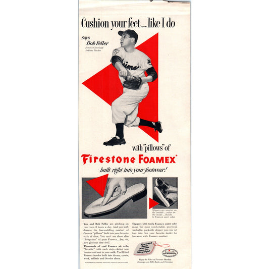 1952 Firestone Foamex Bob Feller Cleveland Baseball Magazine Ad 5x13" V1-1